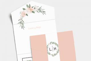 Invitación de boda con formato pocketfolder en el Color Pantone 2024: Peach Fuzz