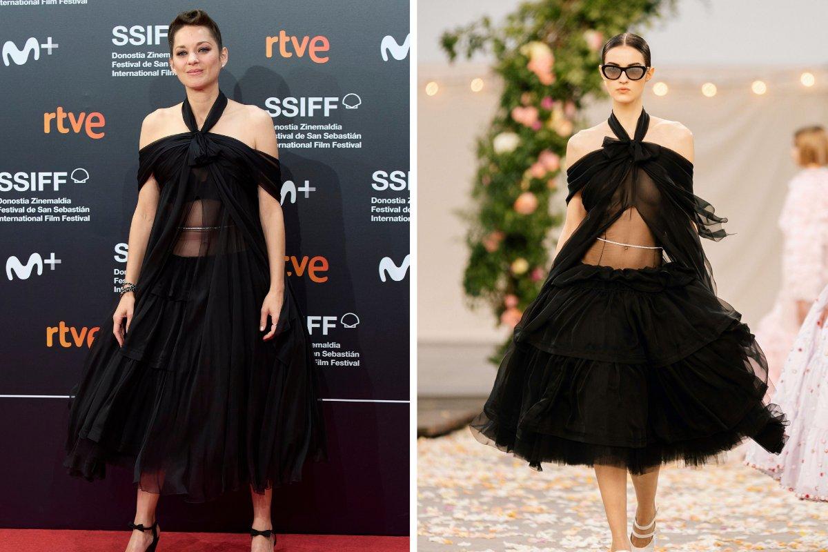 vestido midi de fiesta de Chanel con falda al vuelo voluminosa, tul, transparencias y un cuello hater que se fusiona con un escote barco, idea para un look de invitada de boda