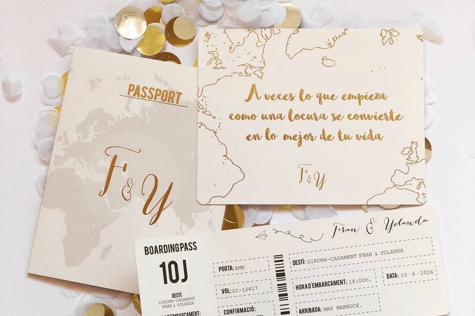 Invitación de boda con forma de pasaporte y de tarjeta de embarque