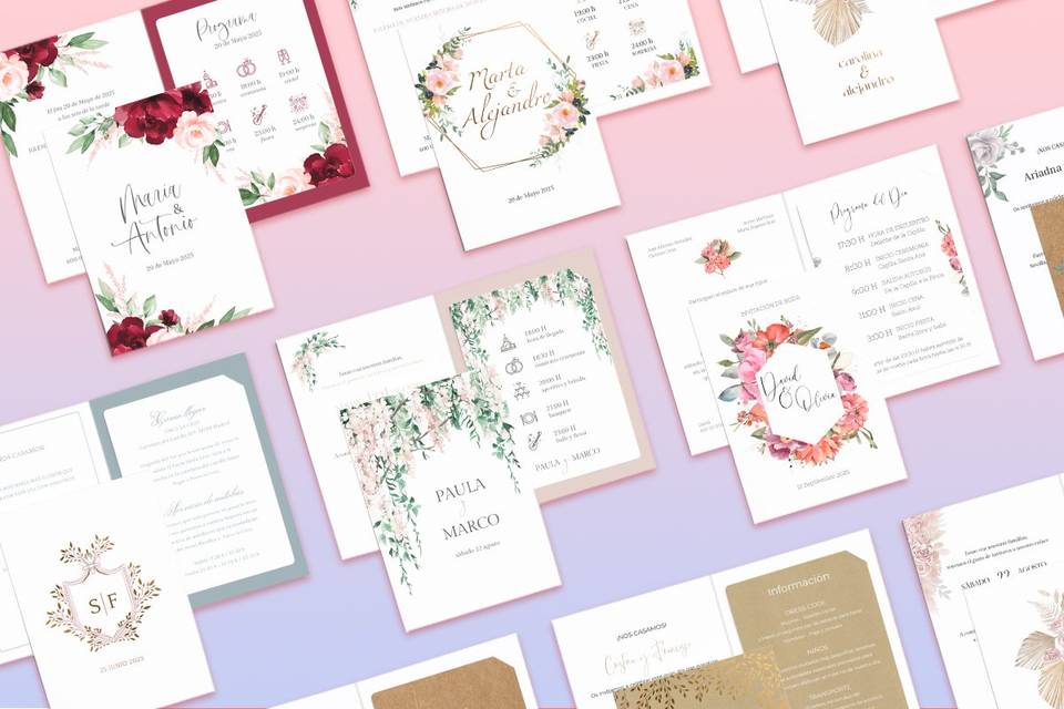 Fondo con invitaciones de boda coloridas en distintos estilos