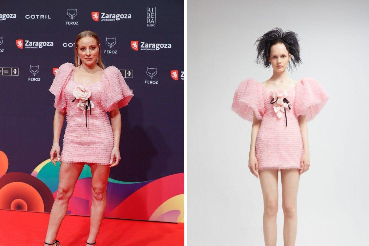Alfombra roja gala Premios Feroz: minivestido de color rosa con mangas voluminosas de estilo farol