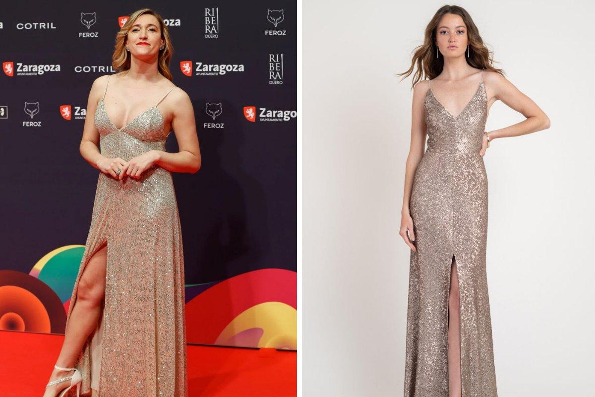 Alfombra roja gala Premios Feroz: vestido de brillantes en color dorado con escote en V y abertura en la falda