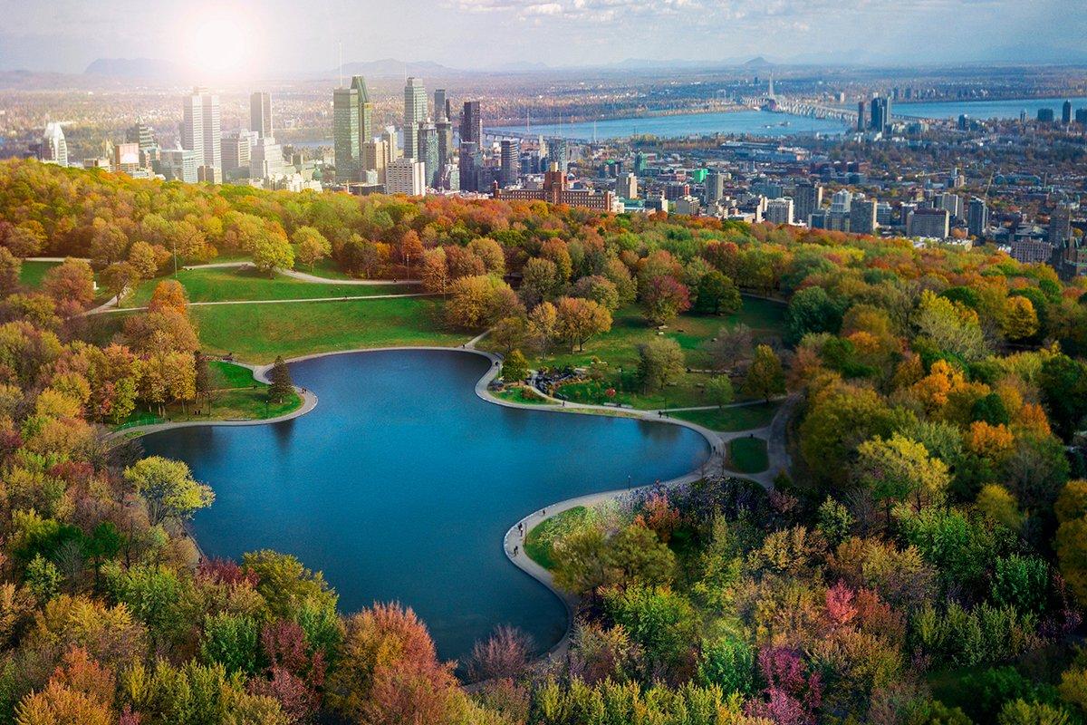 Luna de miel en Canadá: vista aérea de la ciudad de Montreal con los rascacielos al fondo