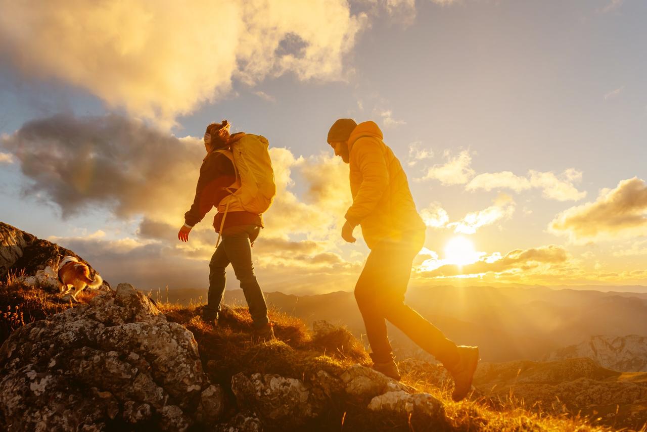 Qué buscas en una pareja: chico y chica jóvenes caminando por la montaña con un perro