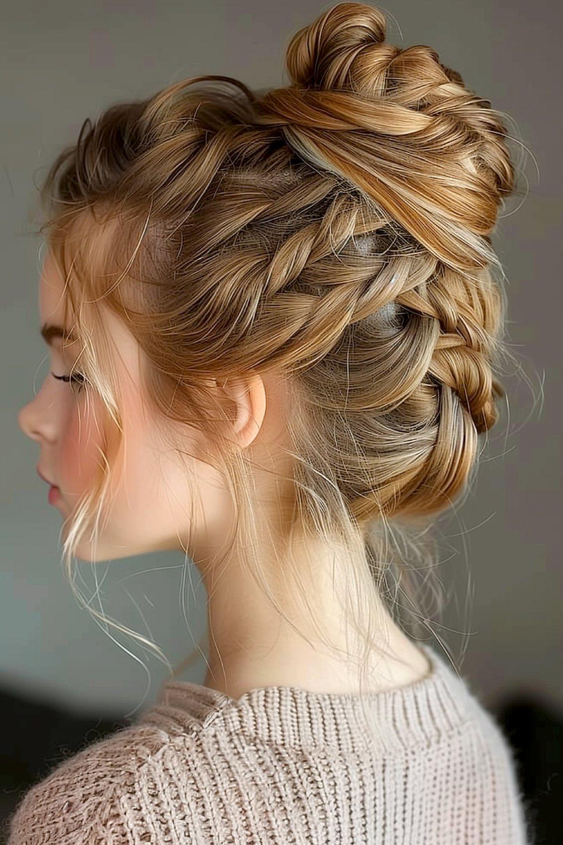 peinados trenzas boda: cabeza de mujer rubia con recogido alto con varias trenzas casuales.