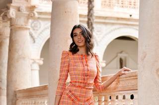 Vestidos de fiesta cortos con estampado de cuadros y mangas abullonadas