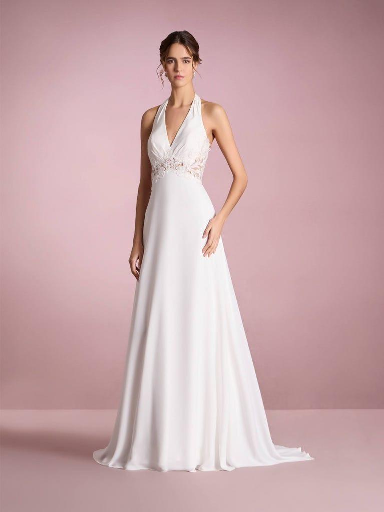 Vestido de novia sencillo y elegante con escote halter