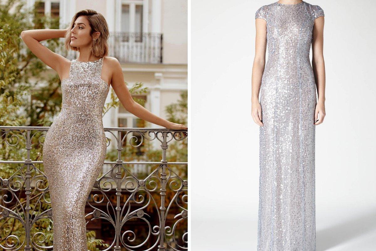 Anna Ferrer Padilla looks: vestido de fiesta largo de lentejuelas plateadas