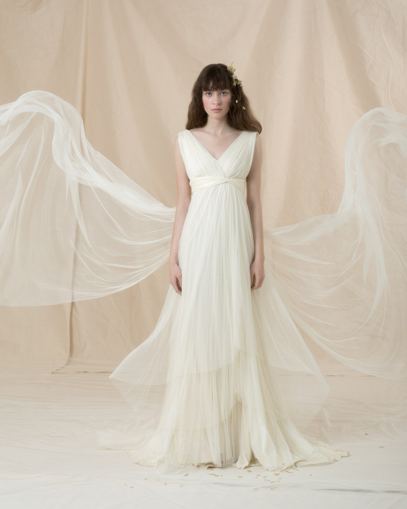 Vestido de chiffon con pliegues cruzados y corte imperio con escote en corazón Azul Tallas Grandes