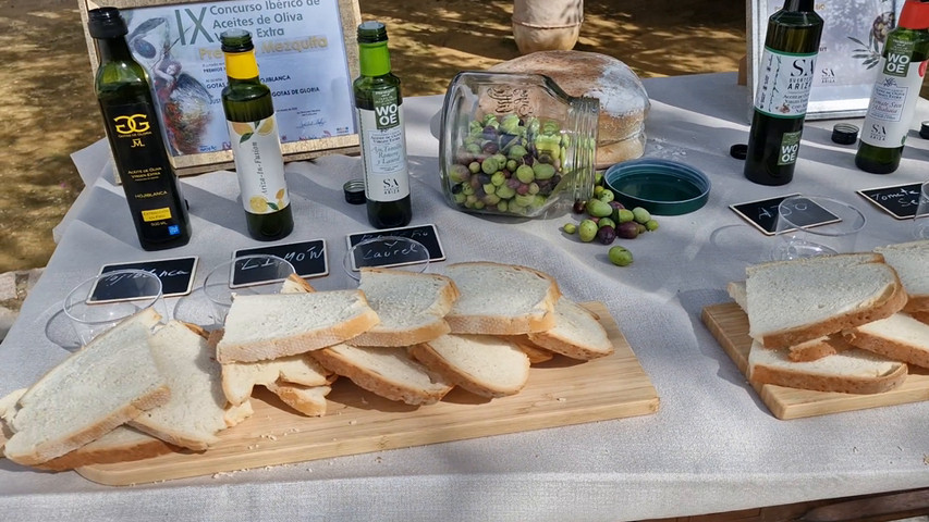 Mesa de jamón y bodegón de aceites