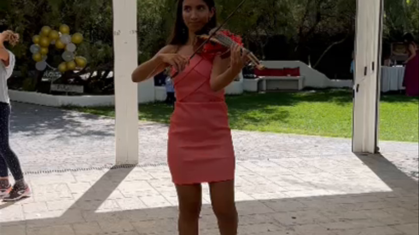 Violinista tocando el violín eléctrico en el cóctel de una boda