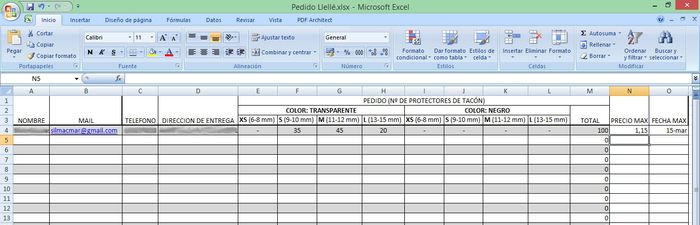 Excel de pedido
