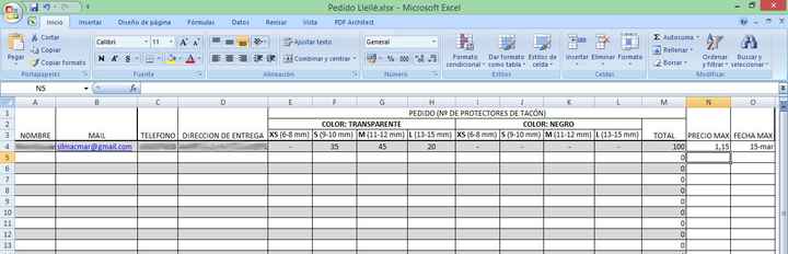 Excel de pedido
