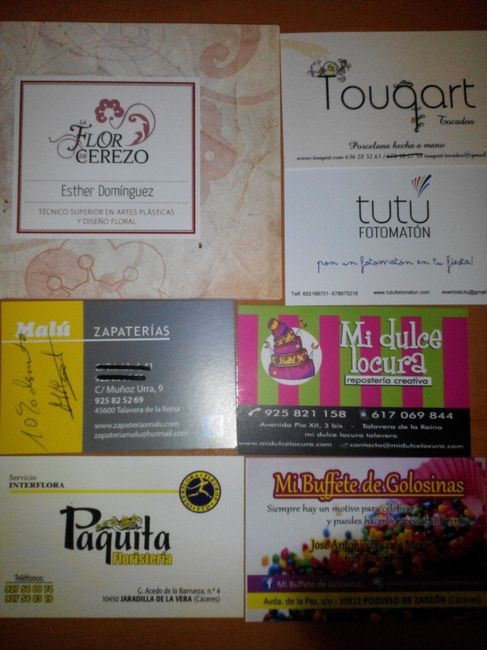 Tarjetas de los proveedores