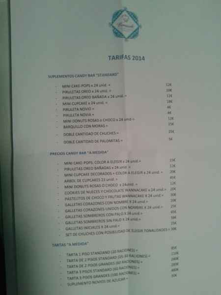 Precios Candy Bar y tarta