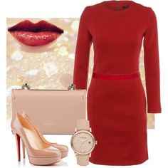 Vestido rojo complementos rosa palo
