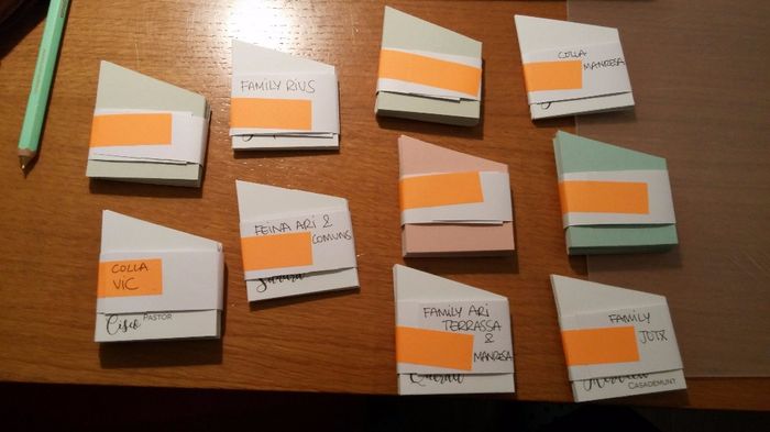 Marca-sitios (consiste en dos cartulinas que se juntan con un corte, aquí están organizadas por grup