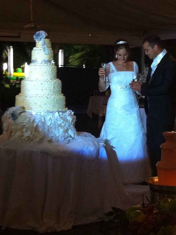 cortando la tarta y brindando con loos invitados