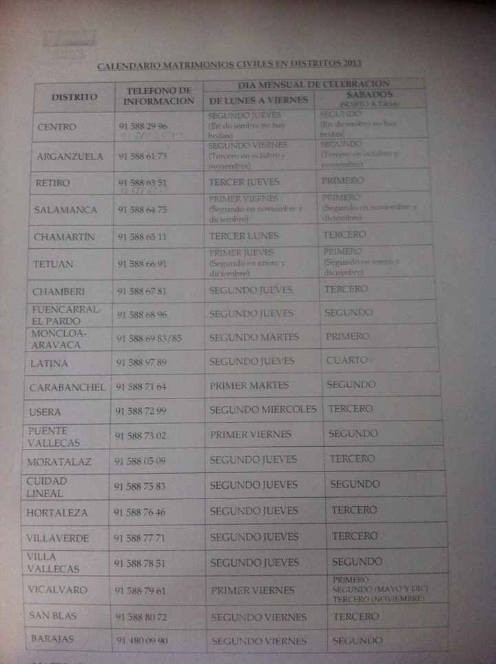 Calendario matrimonios civiles