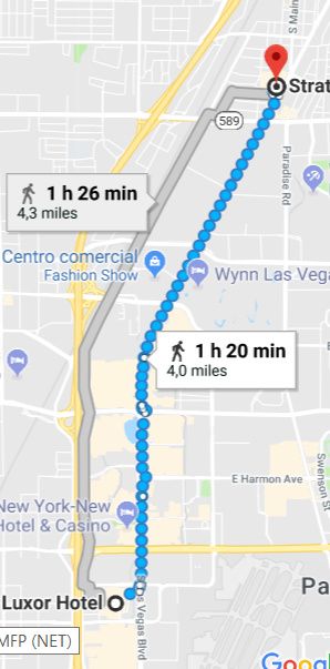 Distancia andando entre Luxor Hotel y Stratosphere