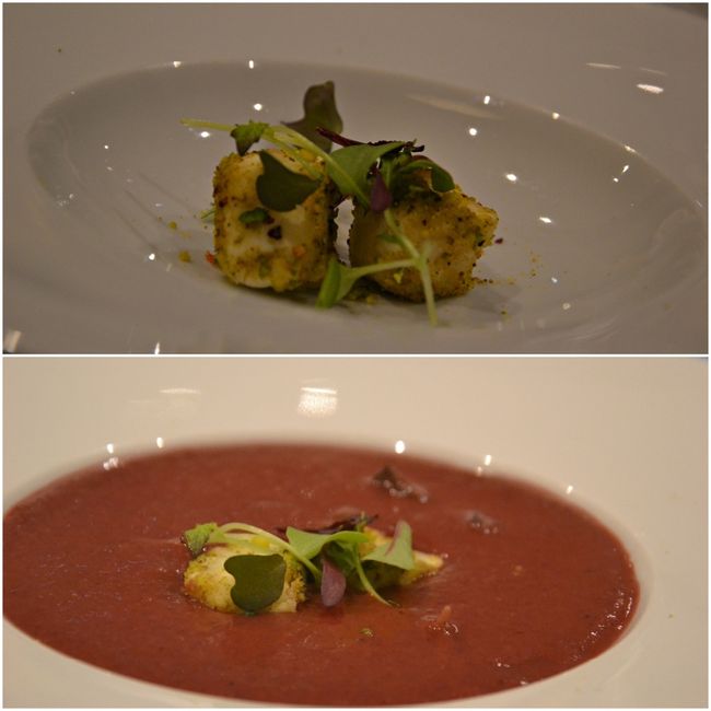 Gazpacho de cereza con nubes de queso de cabra y pistacho con emulsión de albahaca