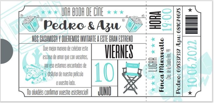 Estas son las invitaciones (hechas por mi) para nuestra boda, la temática como podéis ver es el cine