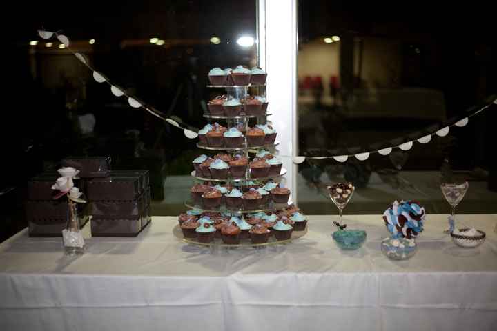 mesa dulces con torre cupcakes