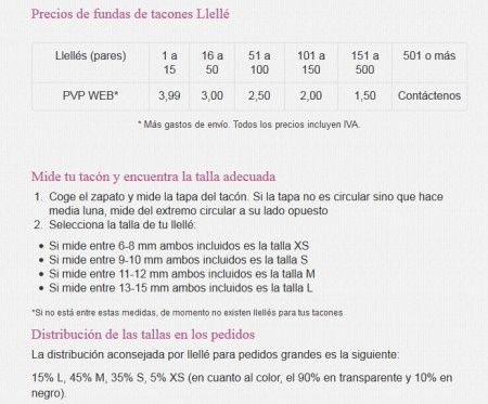 Medidas y precios de los Llellés
