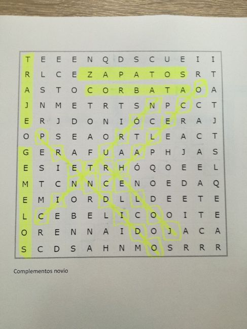 Sopa de letras: Complementos del novio - 1