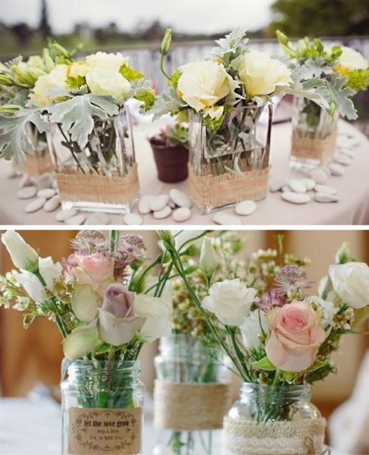 Clásico, recipientes de cristal, etiqueta o cinta color madera y flores