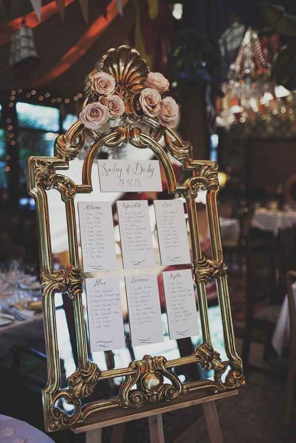 Para que sepan donde se sientan los invitados, es una gran idea conseguir un espejo y decorarlo con 