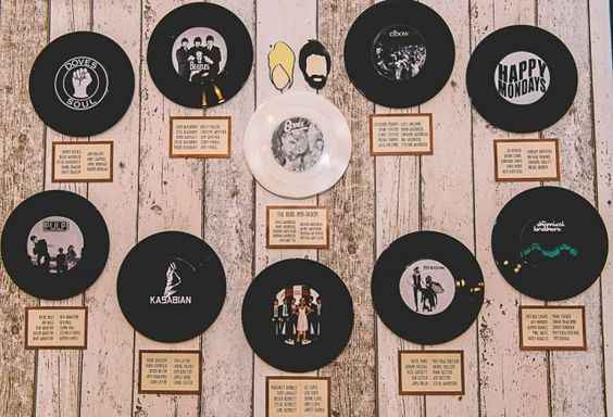 Discos, fotos de las bambas favoritas y abajo las de las personas que van a cada mesa