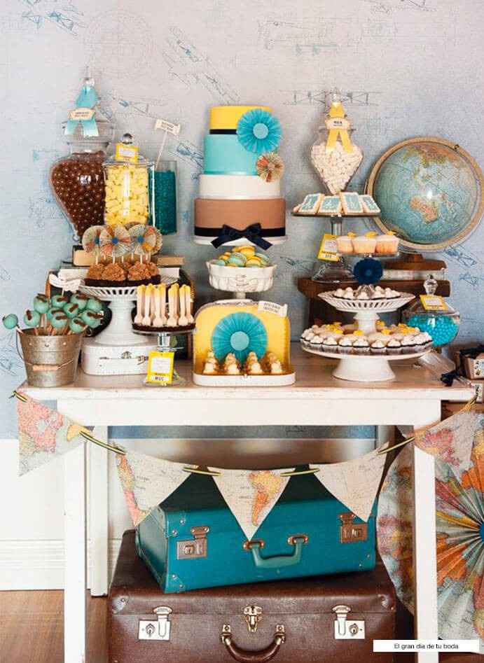 Como decorar la mesa de chuches, globos terraqueos y las maletas que tengais