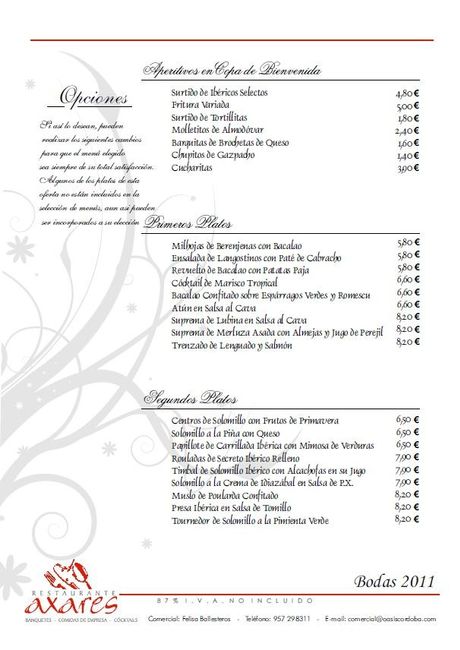 Menu a la carta hotel Oasis