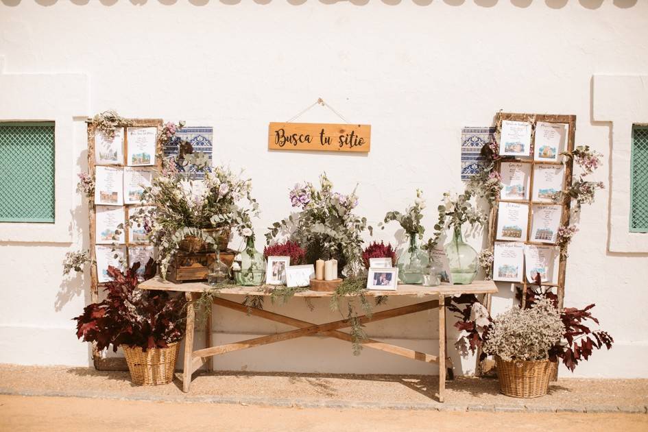 Árbol con flores y jaulas