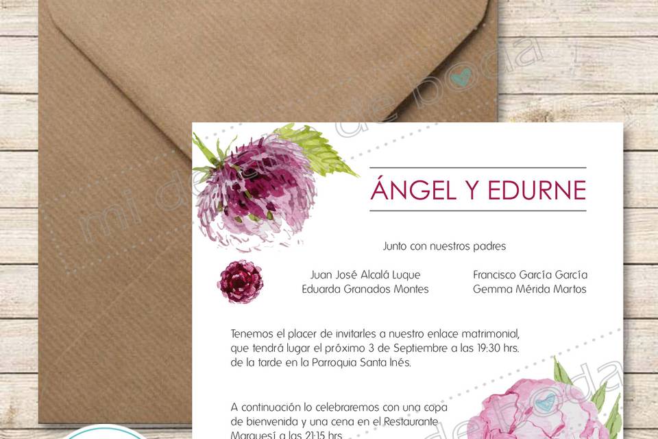 Invitación de boda peonias