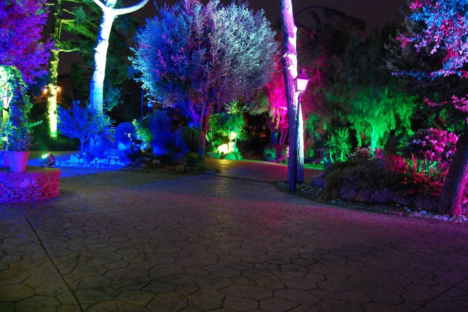 Jardín con iluminación