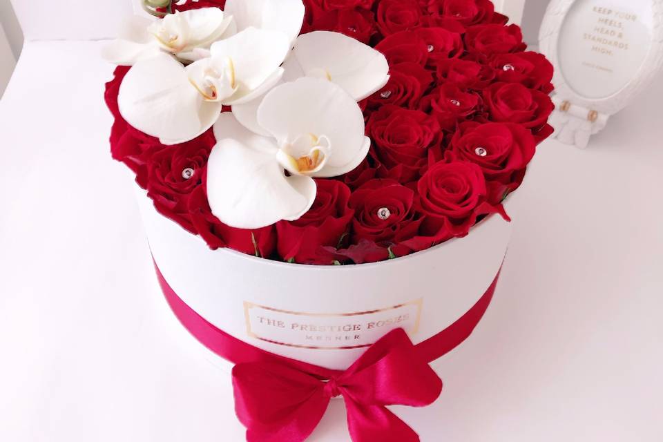 Caja de rosas frescas rojas