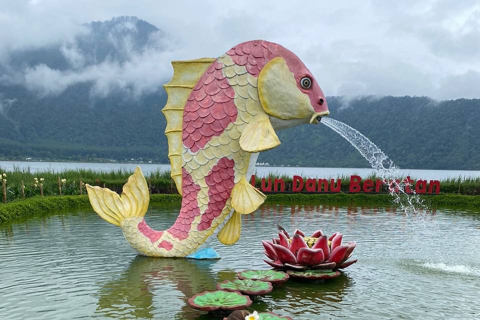 Estanque Decorativo con Flores y Peces Koi en Templo Balinés