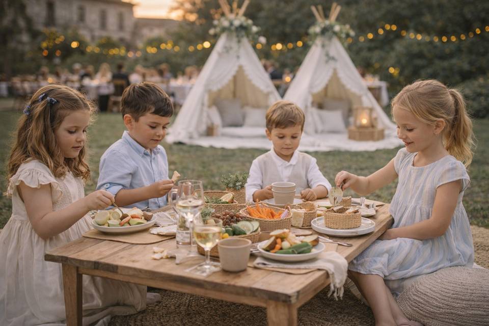 Niños cenando en boda