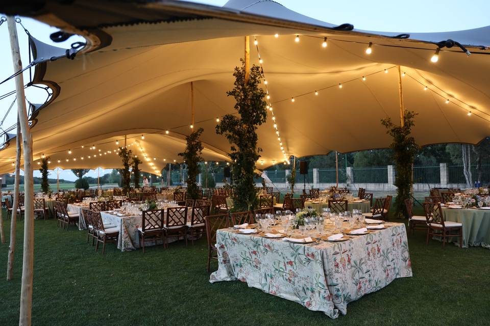 Interior de la carpa iluminado