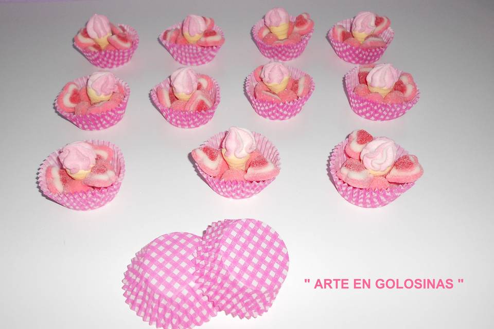 Cups cake rosa de golosinas