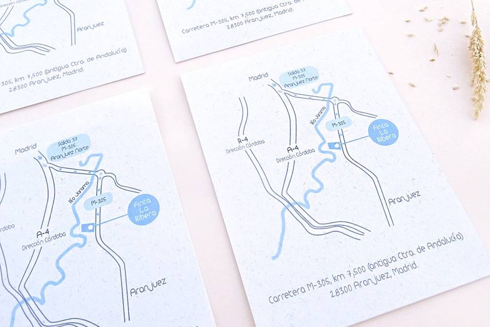 Tarjetas con mapa de la finca Bluejeans