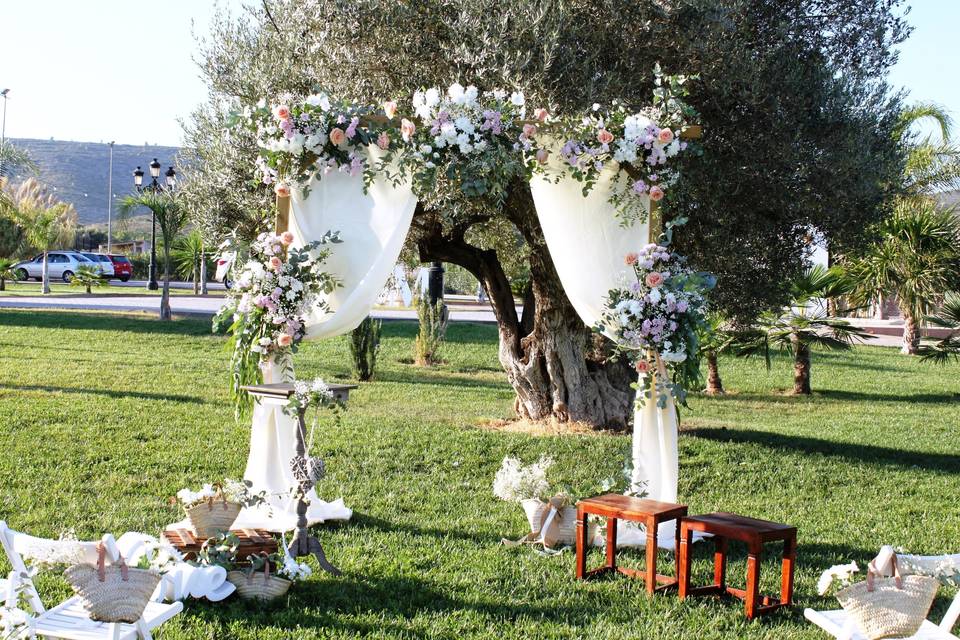 Arco con flores en el olivo