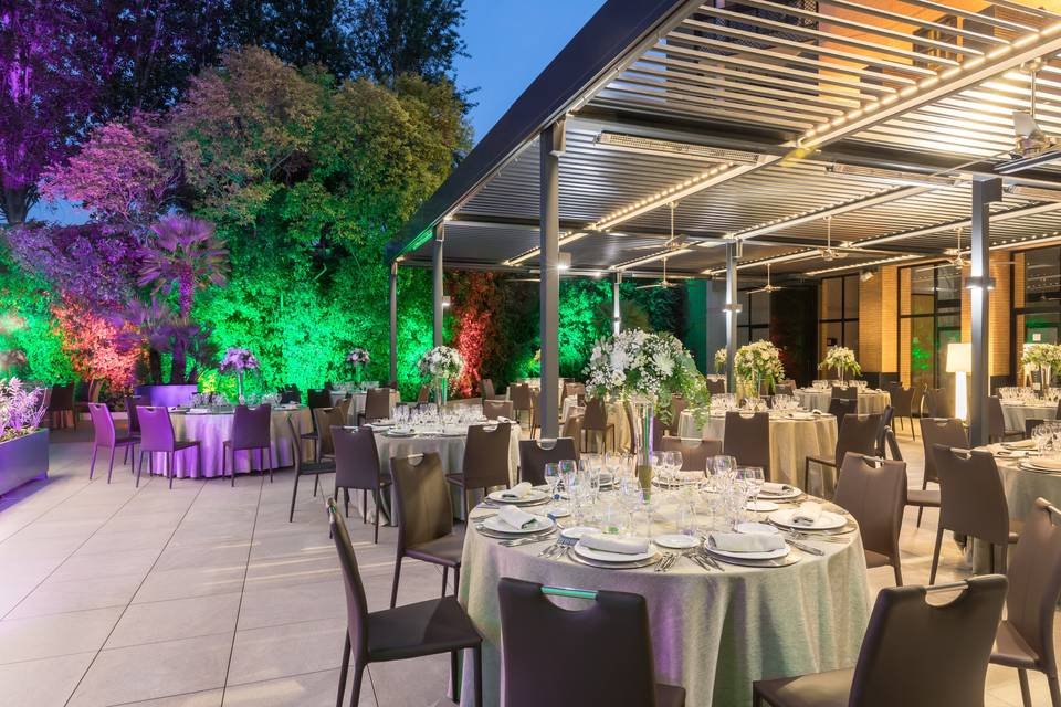 Banquete de noche en la pérgola