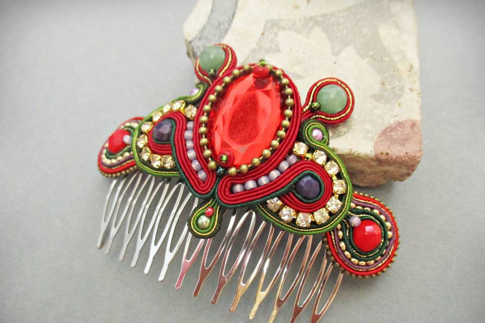 Peineta soutache rojo verde