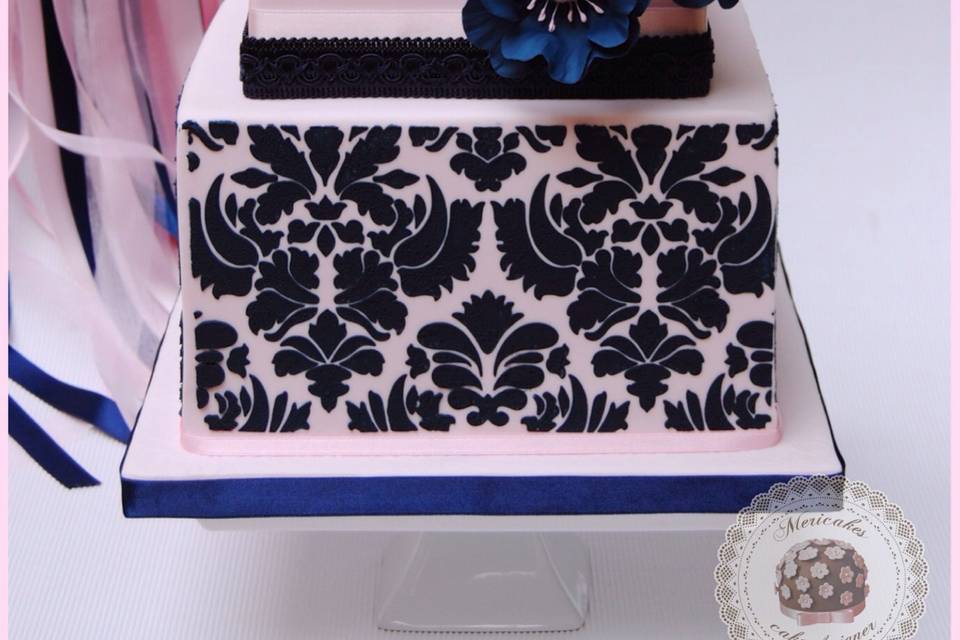 Damask navy wedding cake