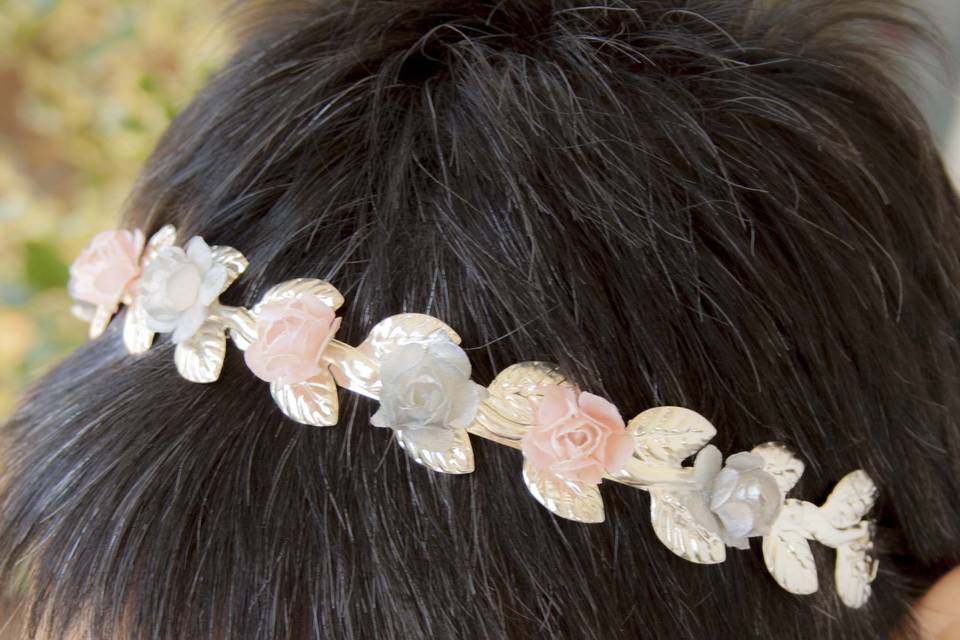 Diadema hojas de plata y rosa