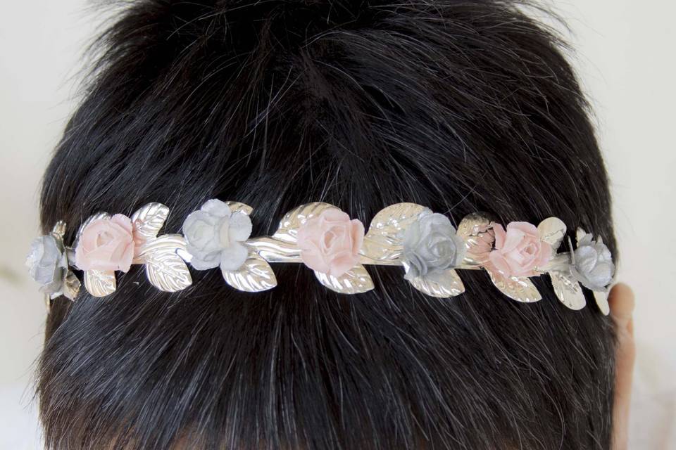 Diadema hojas de plata y rosa