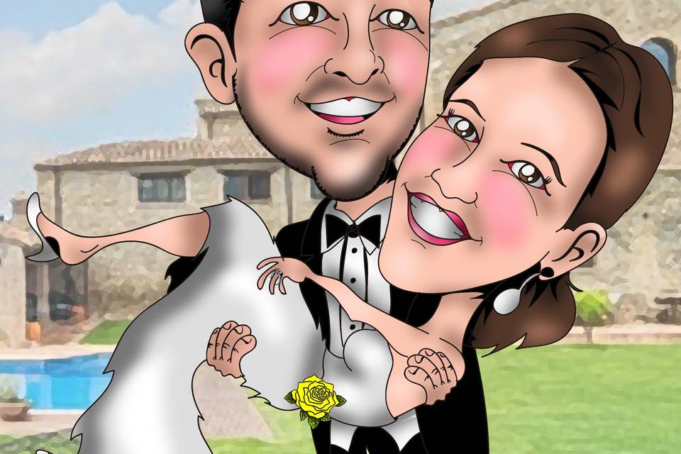 Caricatura de pareja el día de la boda